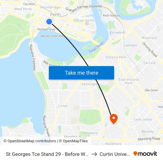St Georges Tce Stand 29 - Before William St to Curtin University map