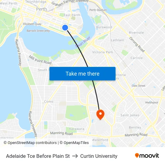 Adelaide Tce Before Plain St to Curtin University map