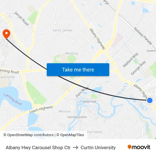 Albany Hwy Carousel Shop Ctr to Curtin University map