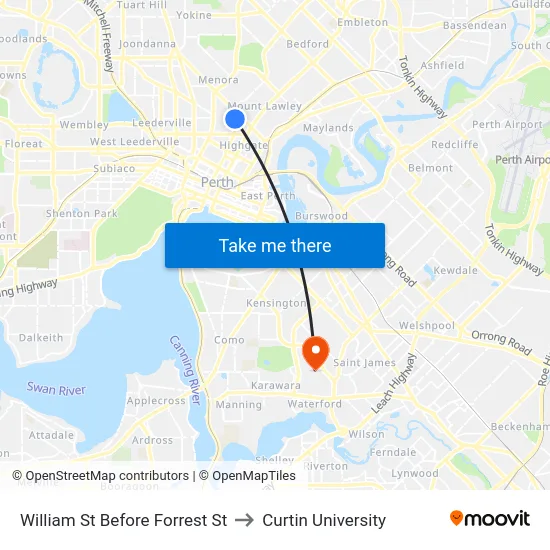 William St Before Forrest St to Curtin University map