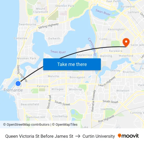 Queen Victoria St Before James St to Curtin University map