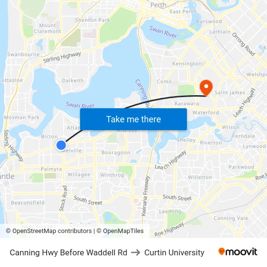 Canning Hwy Before Waddell Rd to Curtin University map
