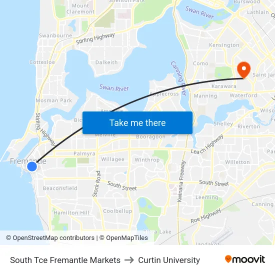 South Tce Fremantle Markets to Curtin University map