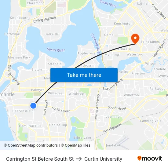 Carrington St Before South St to Curtin University map