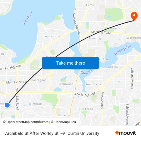 Archibald St After Worley St to Curtin University map