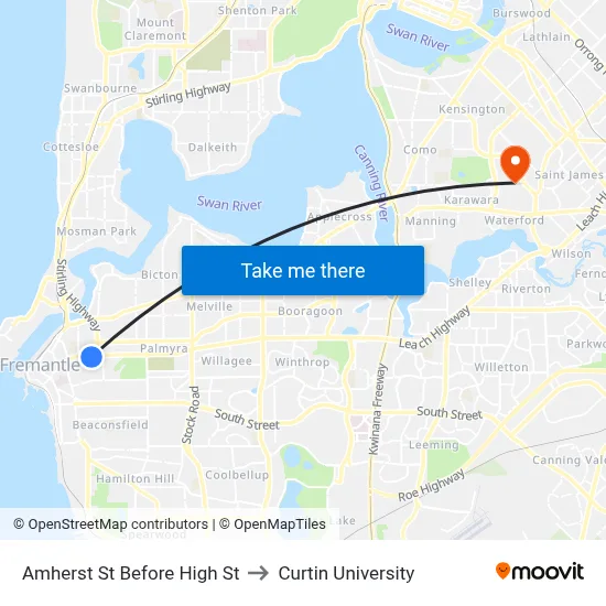 Amherst St Before High St to Curtin University map