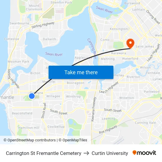 Carrington St Fremantle Cemetery to Curtin University map