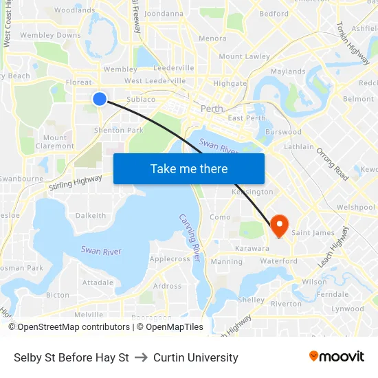 Selby St Before Hay St to Curtin University map