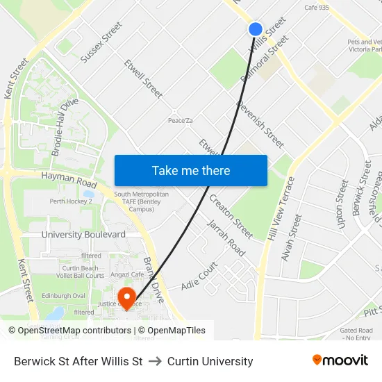 Berwick St After Willis St to Curtin University map