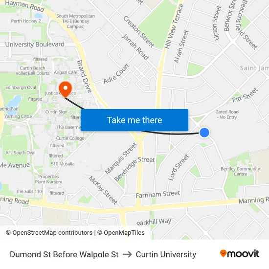 Dumond St Before Walpole St to Curtin University map