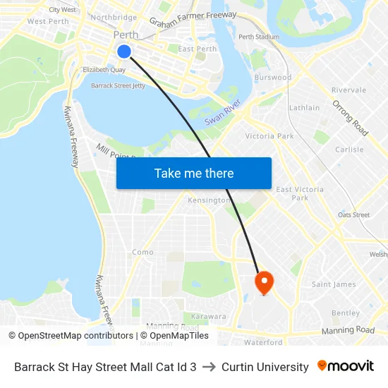 Barrack St Hay Street Mall Cat Id 3 to Curtin University map