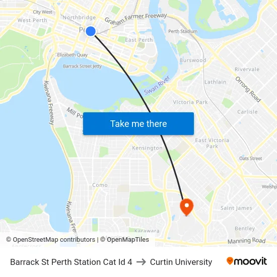 Barrack St Perth Station Cat Id 4 to Curtin University map