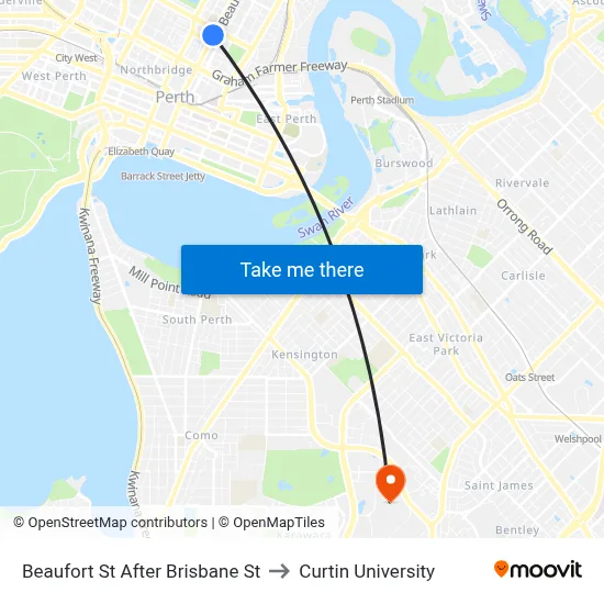 Beaufort St After Brisbane St to Curtin University map