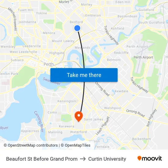 Beaufort St Before Grand Prom to Curtin University map