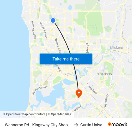 Wanneroo Rd - Kingsway City Shopping Ctr to Curtin University map