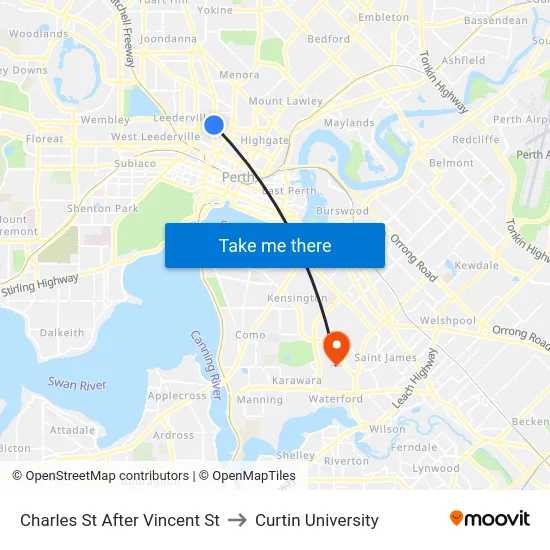 Charles St After Vincent St to Curtin University map