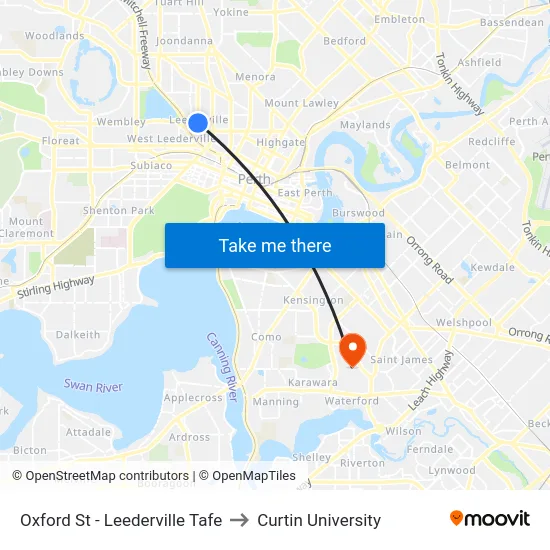 Oxford St - Leederville Tafe to Curtin University map