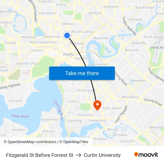 Fitzgerald St Before Forrest St to Curtin University map