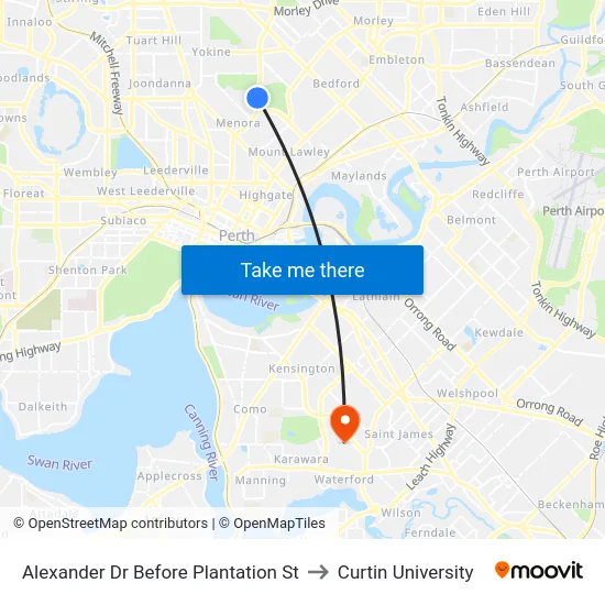 Alexander Dr Before Plantation St to Curtin University map