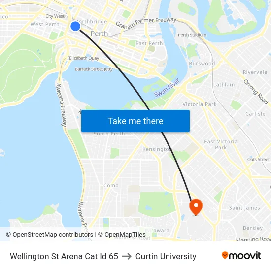 Wellington St Arena Cat Id 65 to Curtin University map