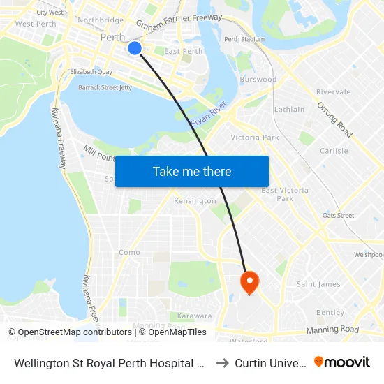 Wellington St Royal Perth Hospital Cat Id 69 to Curtin University map