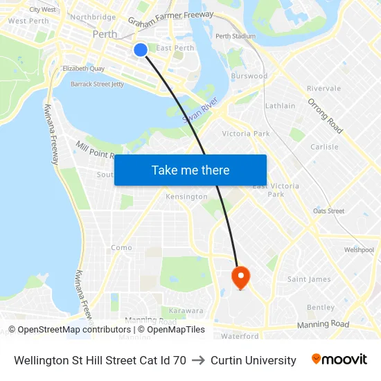 Wellington St Hill Street Cat Id 70 to Curtin University map