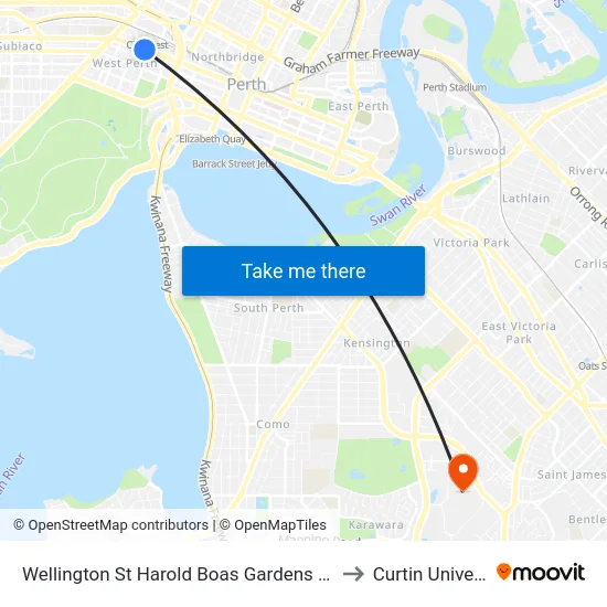 Wellington St Harold Boas Gardens Cat Id 41 to Curtin University map