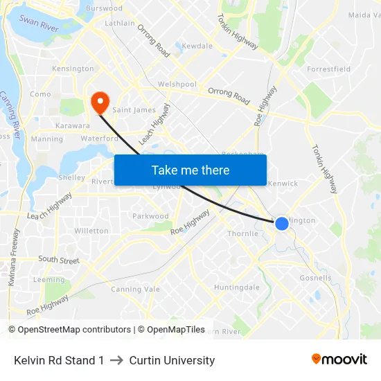 Kelvin Rd Stand 1 to Curtin University map