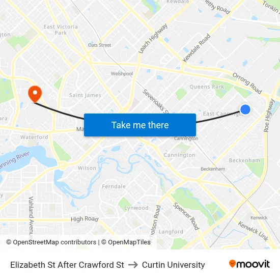 Elizabeth St After Crawford St to Curtin University map