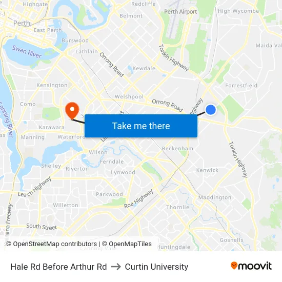 Hale Rd Before Arthur Rd to Curtin University map