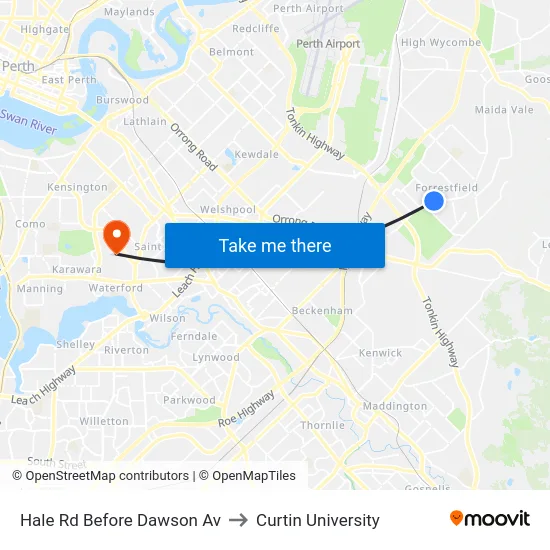 Hale Rd Before Dawson Av to Curtin University map