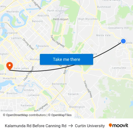 Kalamunda Rd Before Canning Rd to Curtin University map