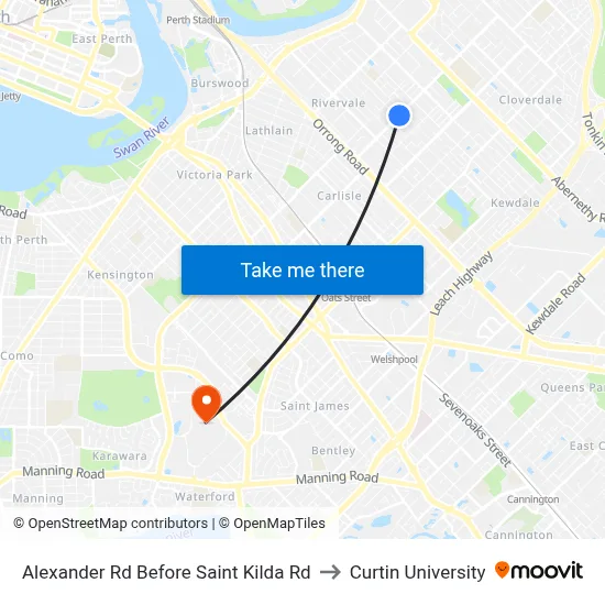 Alexander Rd Before Saint Kilda Rd to Curtin University map