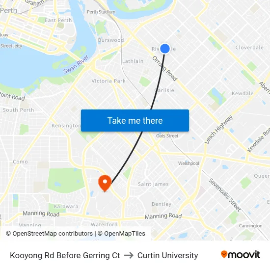 Kooyong Rd Before Gerring Ct to Curtin University map