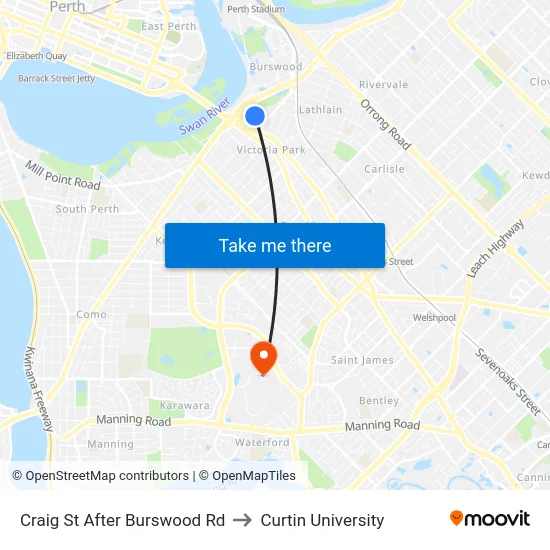 Craig St After Burswood Rd to Curtin University map