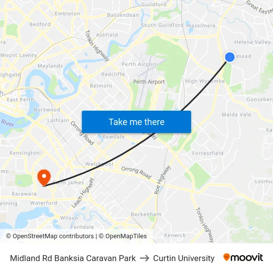 Midland Rd Banksia Caravan Park to Curtin University map