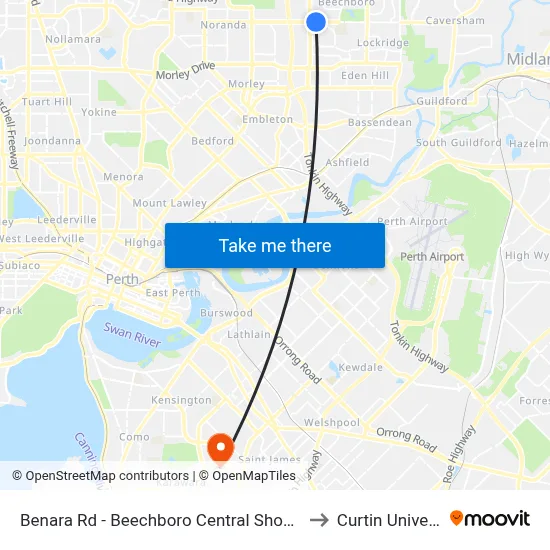 Benara Rd - Beechboro Central Shopping Ctr to Curtin University map