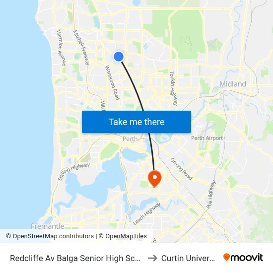 Redcliffe Av Balga Senior High School to Curtin University map