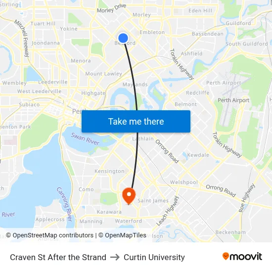 Craven St After the Strand to Curtin University map