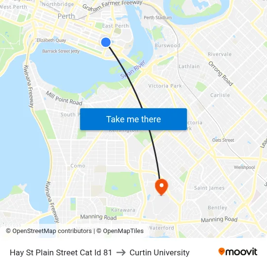 Hay St Plain Street Cat Id 81 to Curtin University map