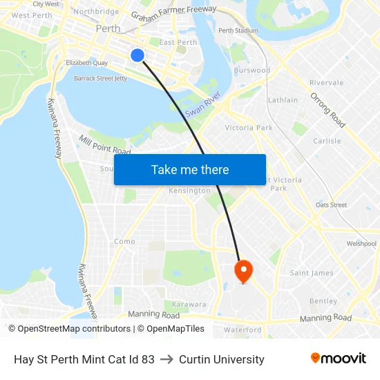 Hay St Perth Mint Cat Id 83 to Curtin University map