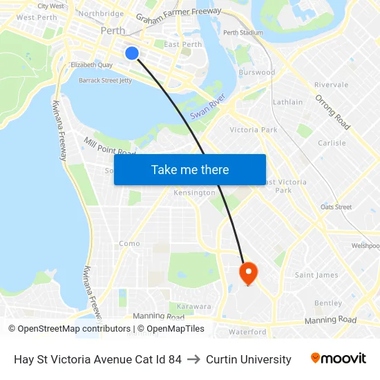 Hay St Victoria Avenue Cat Id 84 to Curtin University map