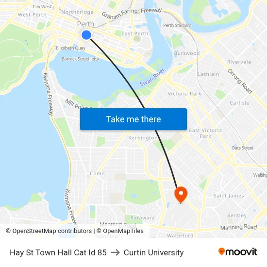 Hay St Town Hall Cat Id 85 to Curtin University map