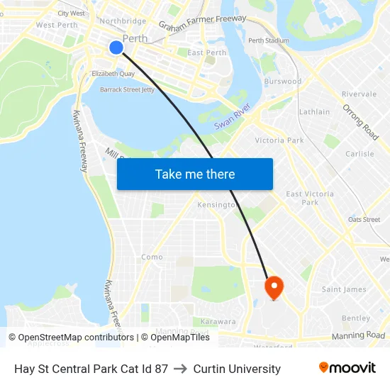 Hay St Central Park Cat Id 87 to Curtin University map
