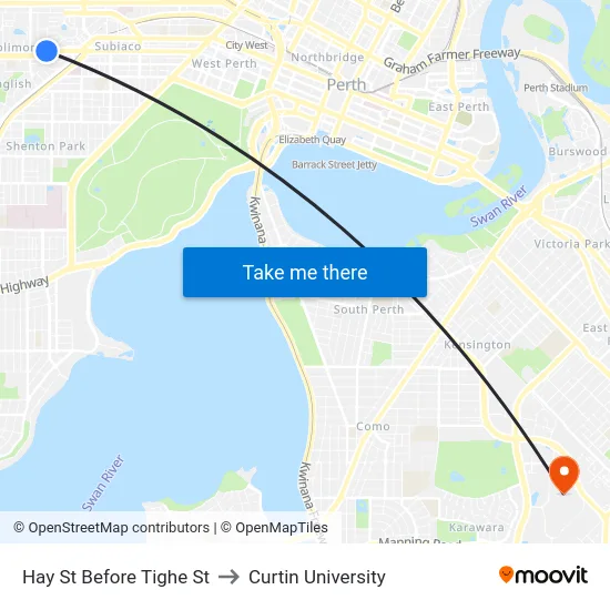 Hay St Before Tighe St to Curtin University map