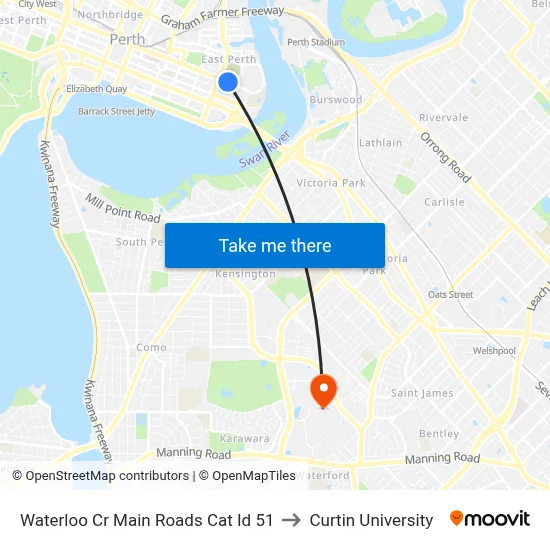 Waterloo Cr Main Roads Cat Id 51 to Curtin University map