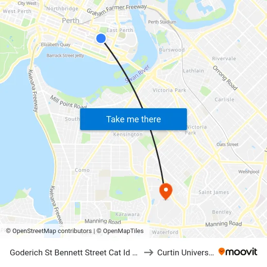 Goderich St Bennett Street Cat Id 103 to Curtin University map