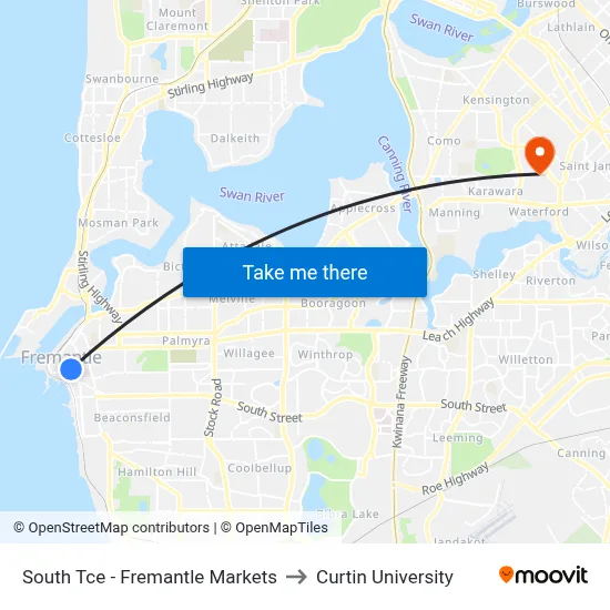 South Tce - Fremantle Markets to Curtin University map