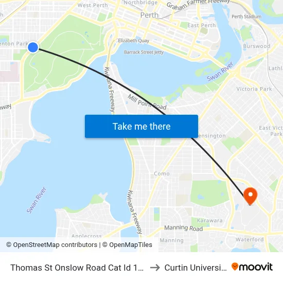 Thomas St Onslow Road Cat Id 135 to Curtin University map