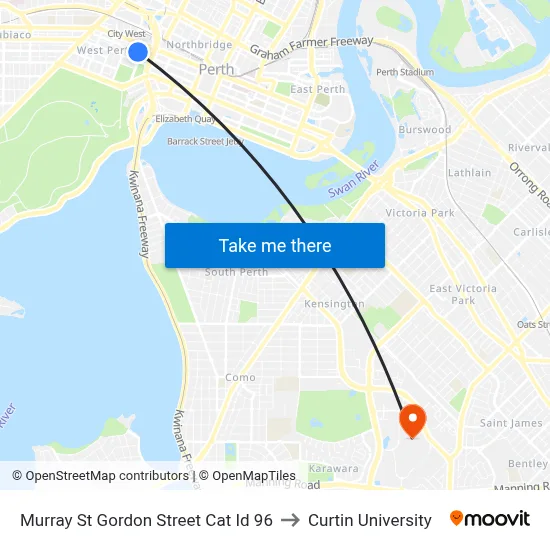 Murray St Gordon Street Cat Id 96 to Curtin University map